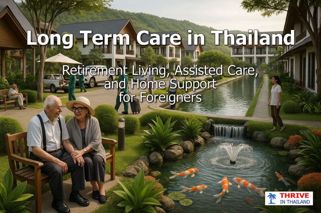 Photo of a peaceful retirement community in Thailand with elderly foreigners relaxing by a koi pond in a garden setting