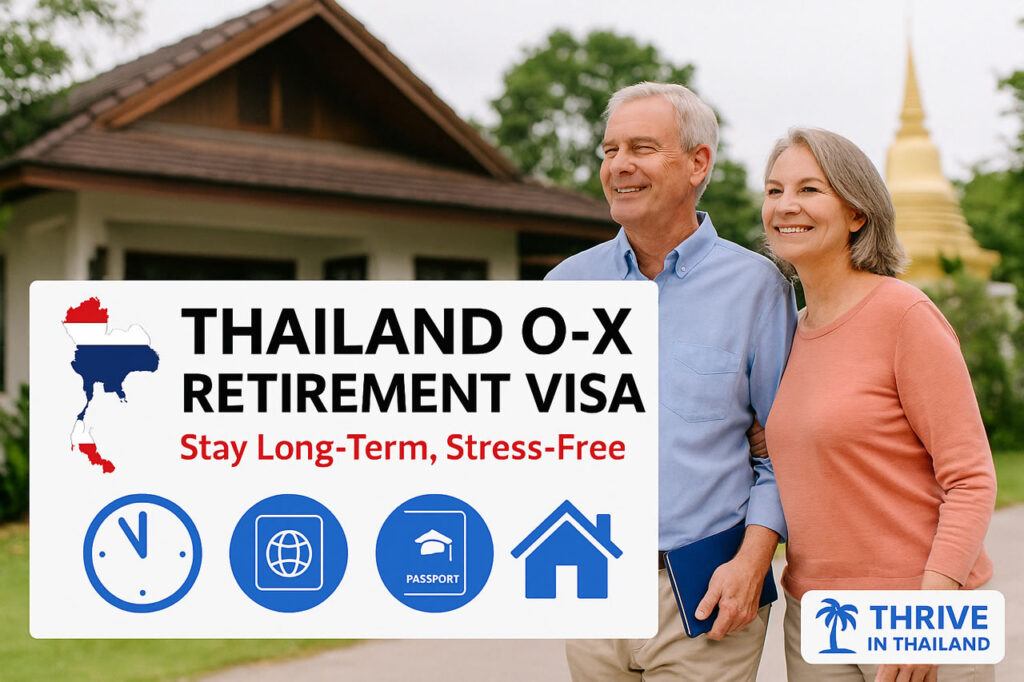 Smiling expat couple in Thailand promoting the O-X Retirement Visa with Thai cultural background and icons for long-term stay and legal residency