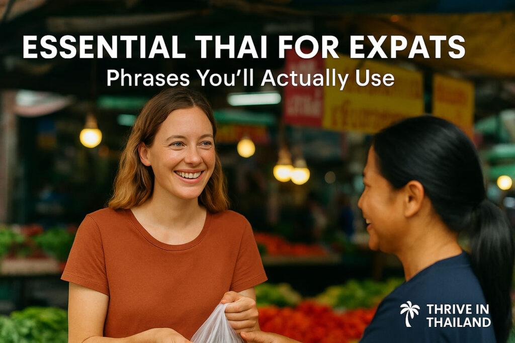 Friendly expat woman smiling while buying vegetables at a colorful Thai street market, exchanging words with a local vendor under bright market lights.
