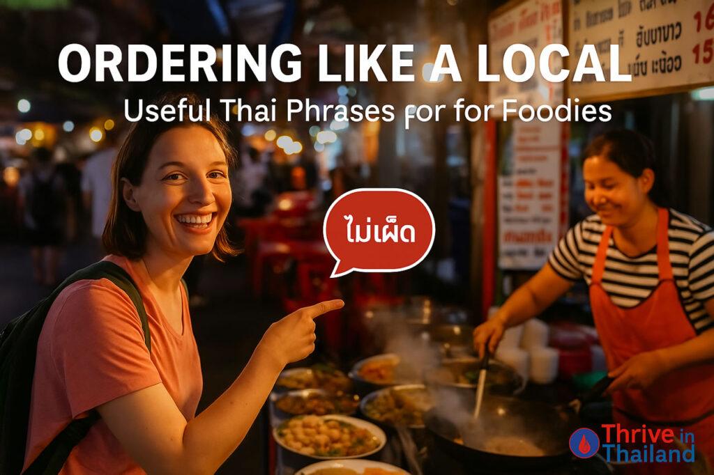A smiling female traveler points at food while ordering at a Thai street food stall. A vendor cooks in the background, and a speech bubble says "ไม่เผ็ด" (not spicy), with the Thrive in Thailand logo displayed.