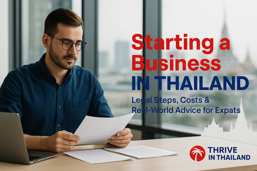 Confident expat reviewing documents in a coworking space with Bangkok skyline in the background – Thrive in Thailand