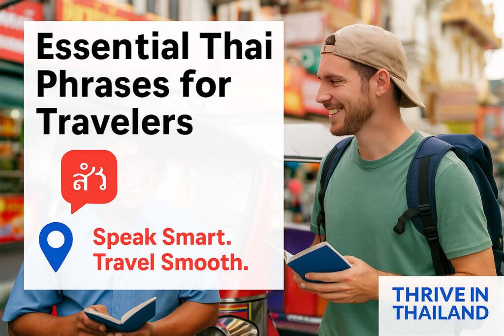 A smiling traveler with a backpack speaks with a Thai tuk-tuk driver in a lively street market, with the title “Essential Thai Phrases for Travelers” and subtitle “Speak Smart. Travel Smooth.”