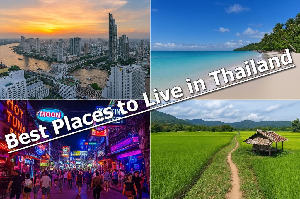 Composite image of Thailand showing Bangkok’s skyline with the Chao Phraya River, a tropical beach, Pattaya’s nightlife, and rural rice fields, illustrating diverse lifestyle options across the country.