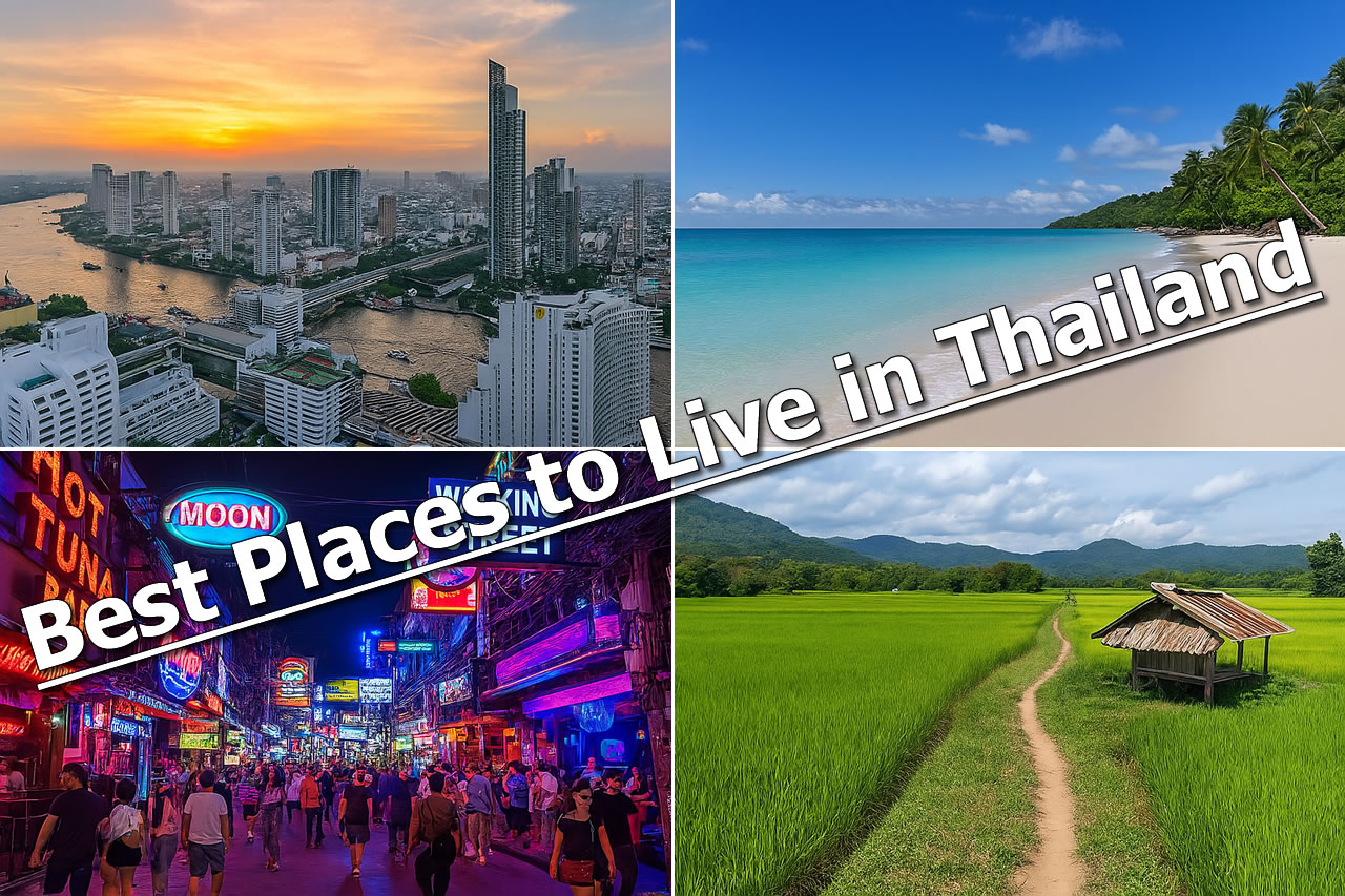 Composite image of Thailand showing Bangkok’s skyline with the Chao Phraya River, a tropical beach, Pattaya’s nightlife, and rural rice fields, illustrating diverse lifestyle options across the country.