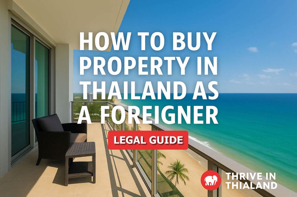 Condo balcony overlooking a tropical beach in Thailand with text: How to Buy Property in Thailand as a Foreigner – Legal Guide