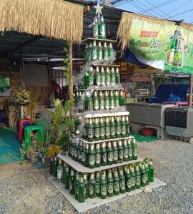 Christmas tree made entirely of Chang beer bottles in Thailand