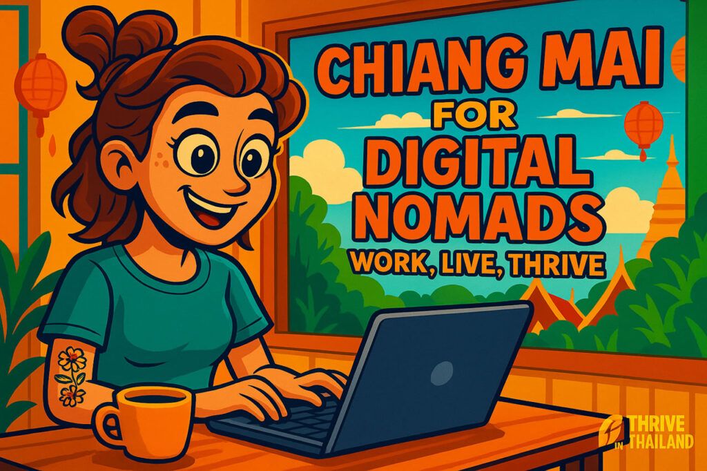 Cartoon illustration of a female digital nomad working on a laptop in a Chiang Mai café, with temple rooftops and Doi Suthep visible through the window. Text overlay reads: “Chiang Mai for Digital Nomads – Work, Live, Thrive.”