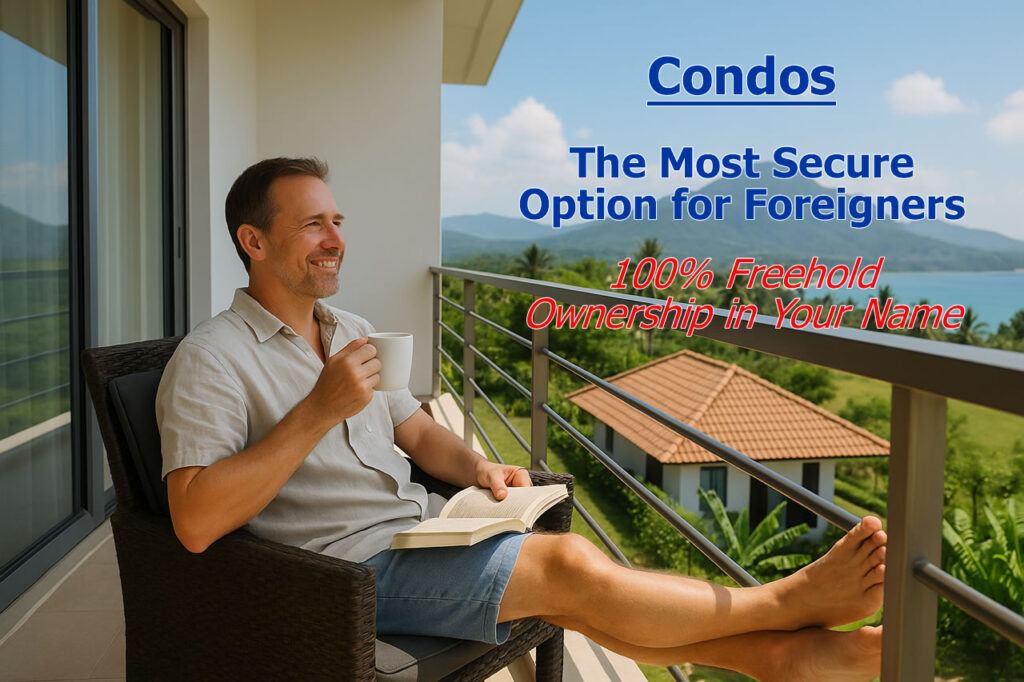 Foreign man relaxing on a Thai condo balcony with mountain and ocean view, highlighting that condos are the most secure option for foreign buyers with 100% freehold ownership.
