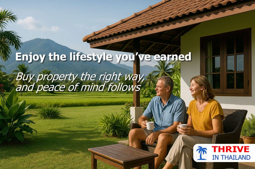 Foreign couple relaxing outside their Thai home with mountain view, enjoying peaceful lifestyle after legally buying property in Thailand.