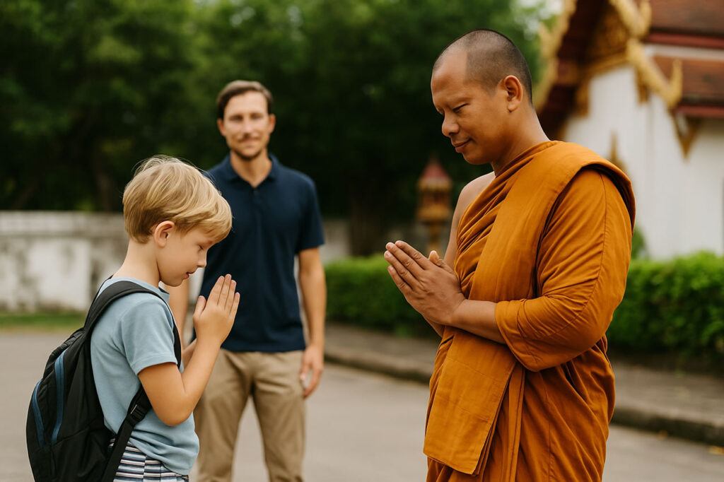 A young expat boy gives a respectful wai to a Thai monk, while his father looks on—a moment of cultural learning.