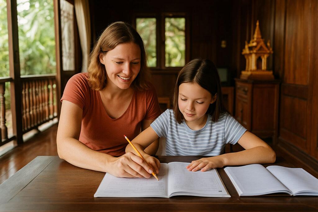 An expat mother helps her daughter with homework at a wooden Thai-style home, showing education and family life.