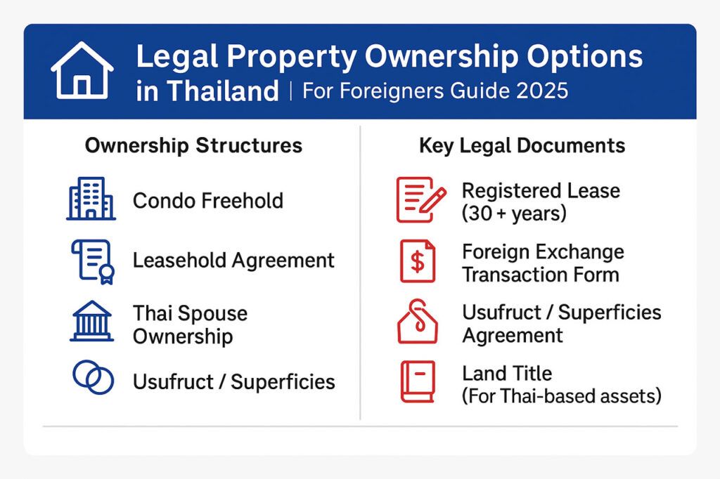 Infographic summarizing legal property ownership options in Thailand for foreigners, including condo freehold, leasehold, Thai company, Thai spouse, and usufruct/superficies structures alongside key legal documents required.
