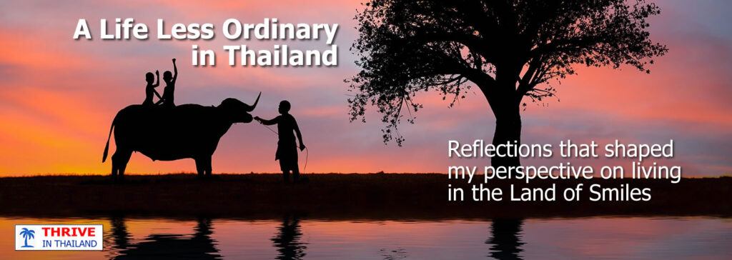 Silhouette of a Thai rural scene at sunset with elephant and tree — text overlay reads: A Life Less Ordinary in Thailand, 25+ Years of Stories, Lessons & Real Life in the Land of Smiles — Thrive in Thailand branding