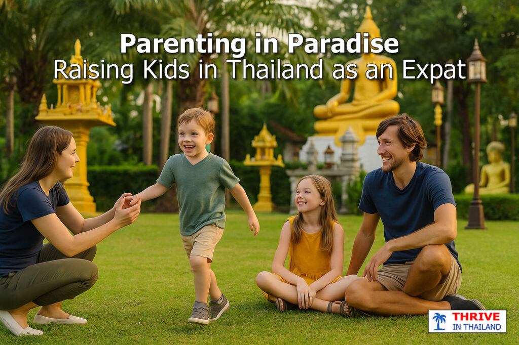A Western family with young children playing near a Thai temple, representing expat family life in Thailand.
