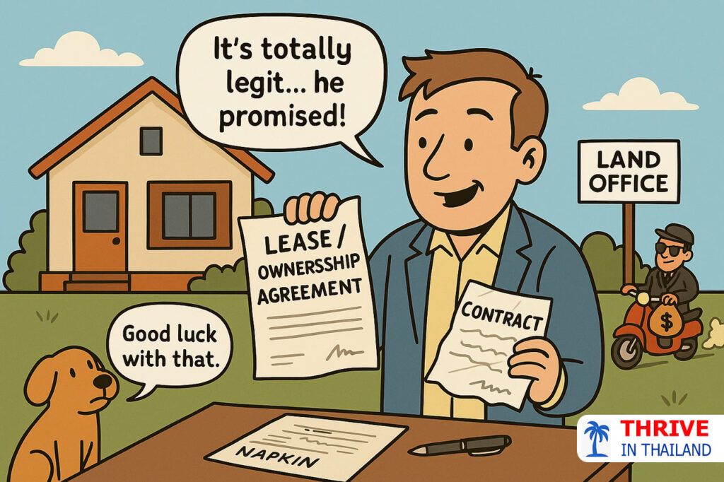 Cartoon of a foreigner holding an unregistered lease agreement on a napkin while a shady agent escapes with money; a dog comments, ‘Good luck with that.