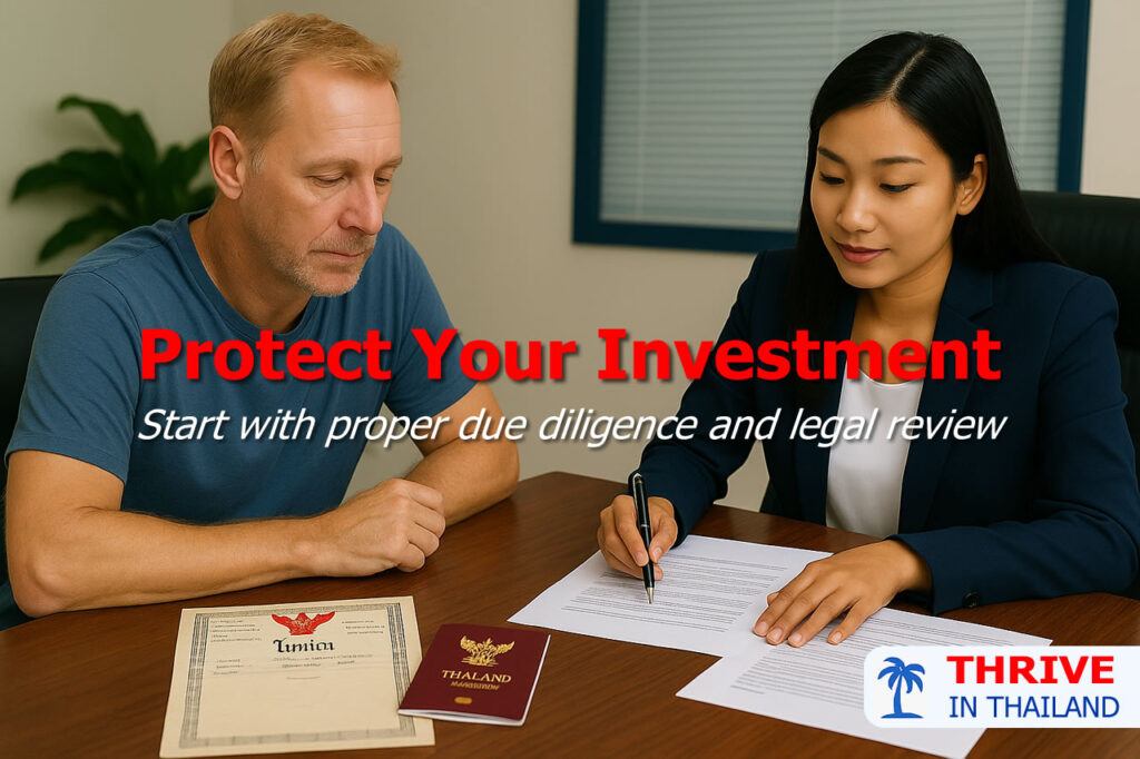Foreign man reviewing legal documents with a Thai property lawyer, emphasizing due diligence in the property buying process.