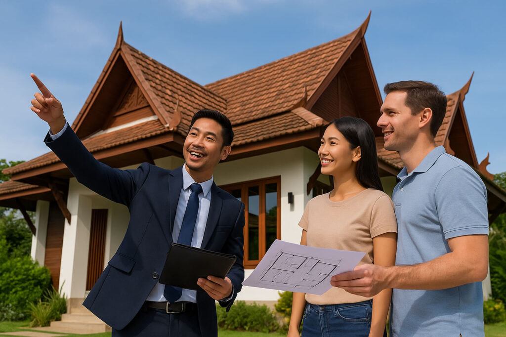 A Thai real estate agent showing a modern Thai-style home to a foreign couple, illustrating the early stage of property selection and inspection