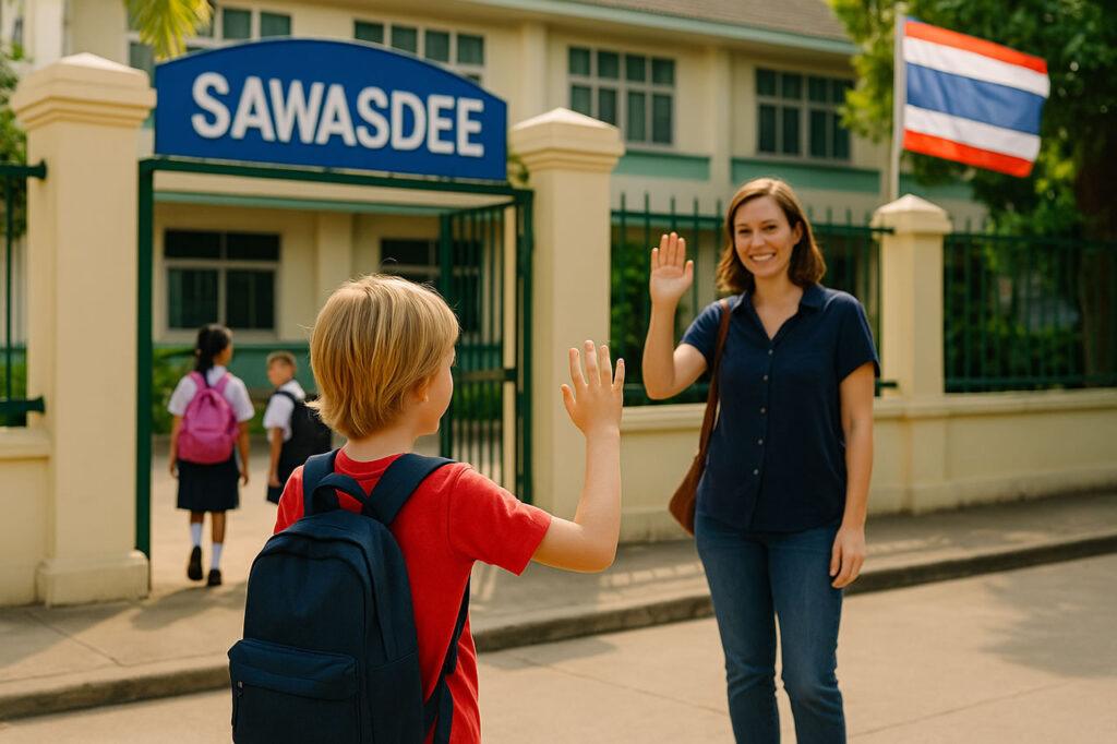 A young expat child with a backpack waves goodbye to his mother at a Thai school gate with a Sawasdee sign and Thai flag.