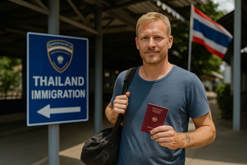 Foreign traveler holding a Western passport outside Thailand Immigration checkpoint, with Thai flag and sign visible in the background.