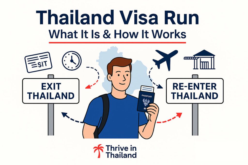 Illustration of a Thailand visa run showing an expat with passport standing between “Exit Thailand” and “Re-Enter Thailand” signs, with icons of plane, clock, border gate, and Thailand map in the background