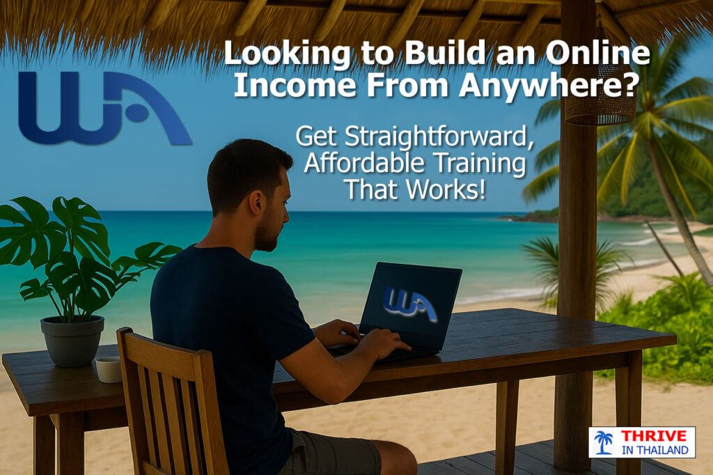 Man working on laptop at tropical beach with text: Looking to build an online income from anywhere? Get straightforward, affordable training that works!