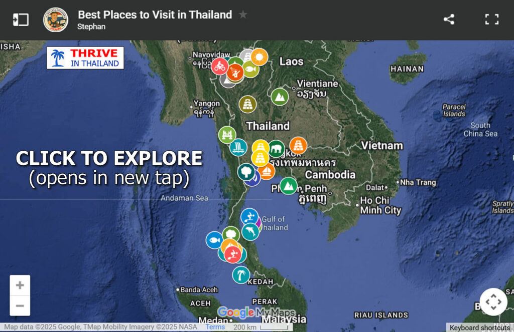 Interactive destination map of Thailand featuring top places to visit, organized by theme