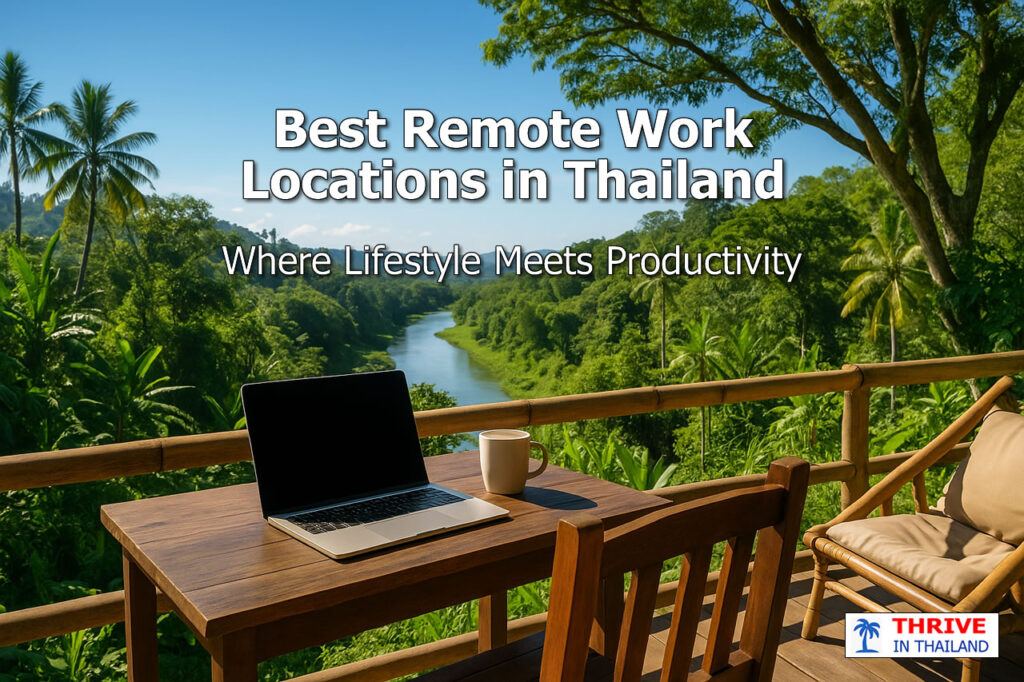 Tropical jungle terrace in Thailand with a laptop and coffee mug overlooking a lush green river valley – ideal setting for remote work