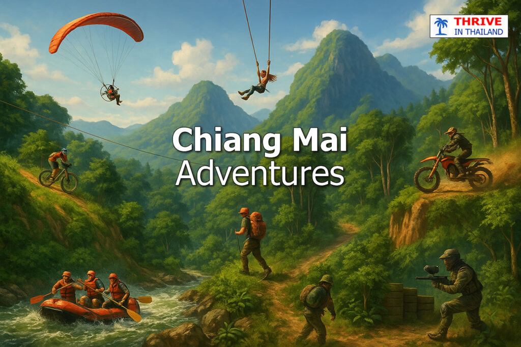 Adventure activities in Chiang Mai illustrated in a lush jungle valley, featuring white-water rafting, ziplining, mountain biking, paramotor flying, jungle trekking, enduro motorbiking, paintball, and a giant swing under a blue sky with mountain backdrop