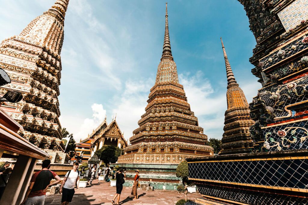 Ornate chedis and temple buildings at Wat Pho, Bangkok.
