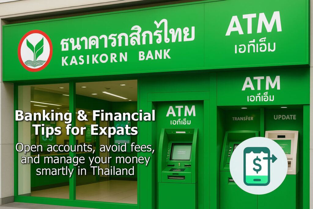 Kasikorn Bank branch with green ATM machines and overlaid text reading "Banking & Financial Tips for Expats – Open accounts, avoid fees, and manage your money smartly in Thailand"