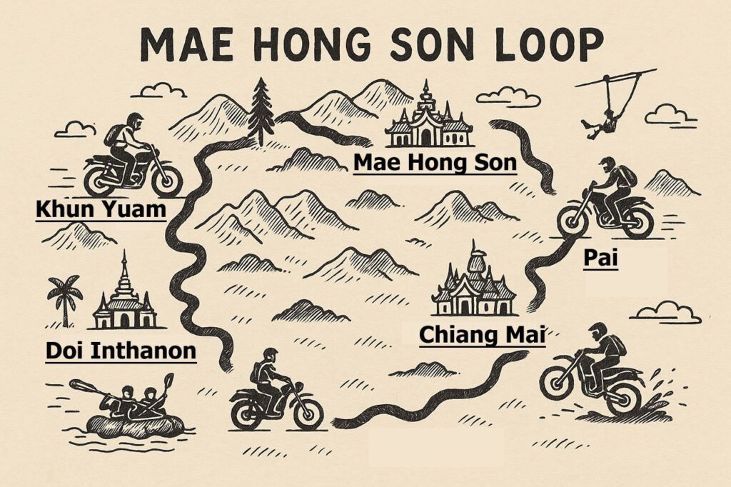 Hand-drawn infographic map of the Mae Hong Son Loop in Thailand showing the correct travel order: Chiang Mai, Doi Inthanon, Khun Yuam, Mae Hong Son, Sop Pong, and Pai with motorbike and adventure icons.