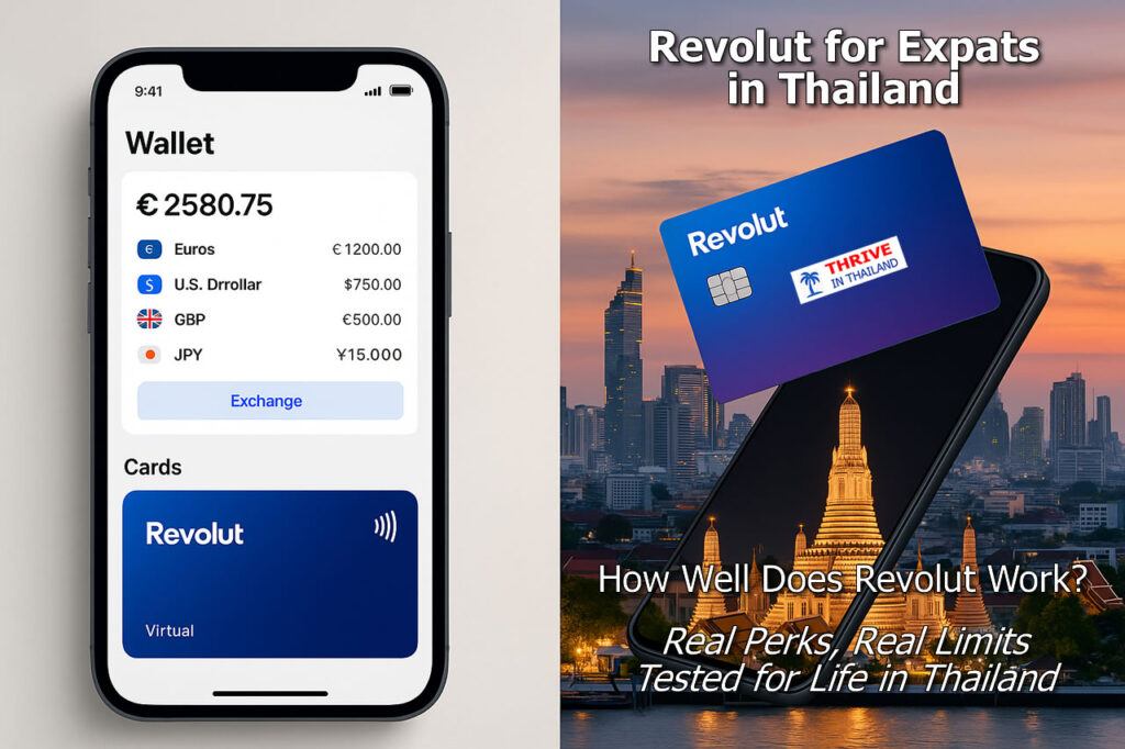 Revolut card and mobile app wallet displayed against Bangkok skyline, illustrating features for expats in Thailand