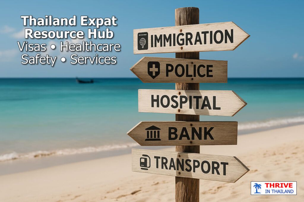 Photorealistic beach scene in Thailand with a wooden signpost pointing to immigration, police, hospital, bank, and transport, overlaid with text promoting an expat resource hub.
