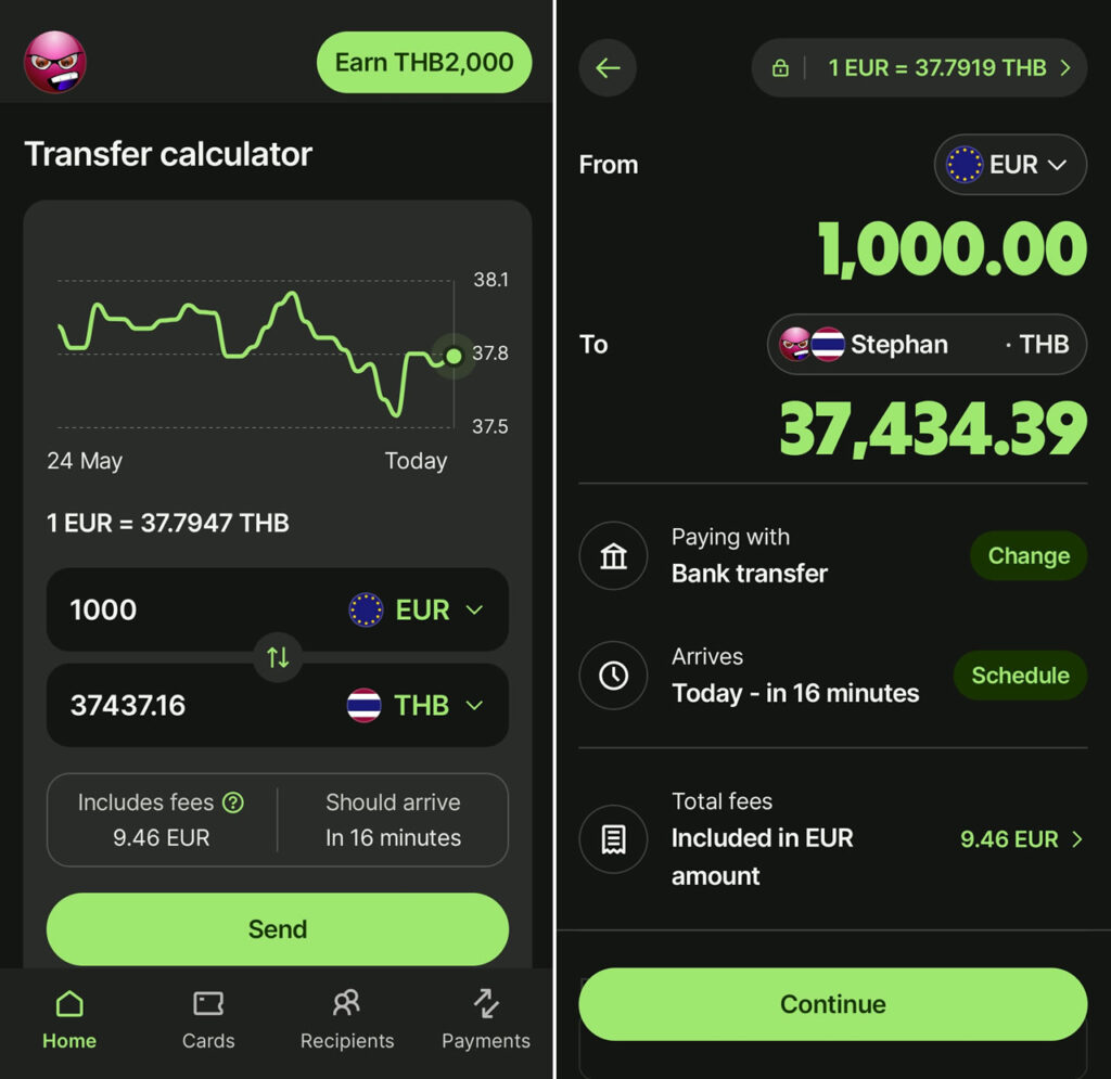 Real Wise transfer example showing €1,000 converted to Thai baht, including exchange rate, transfer fees, amount received, and estimated arrival time.