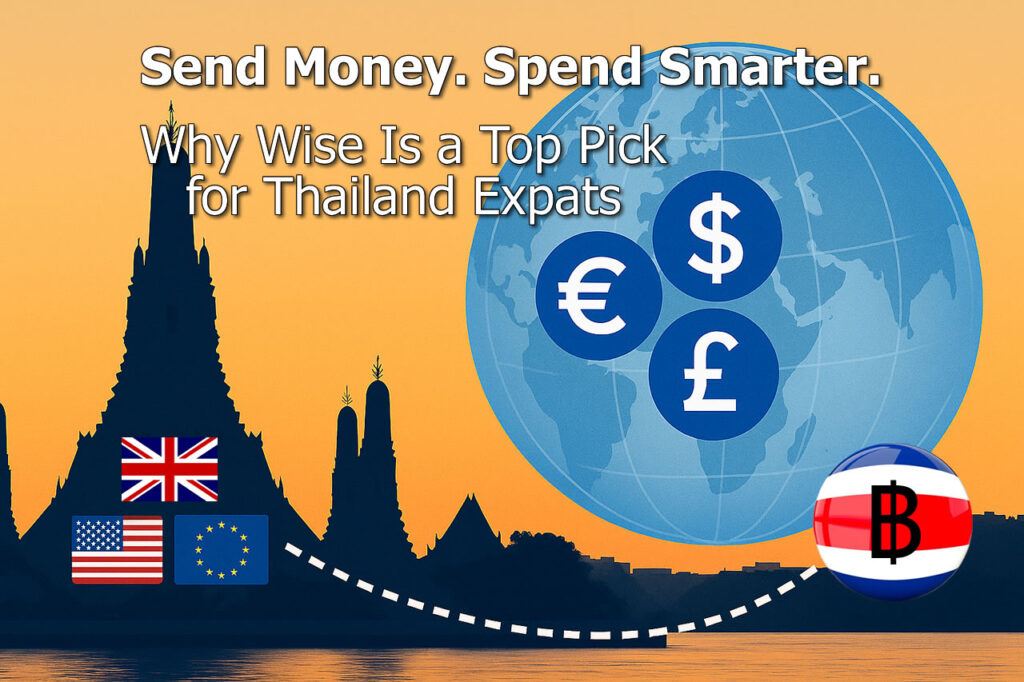 Digital illustration showing UK, USA, and EU flags sending money to Thailand with a baht symbol; Wat Arun silhouette and a global currency globe represent international transfers with Wise for expats in Thailand.