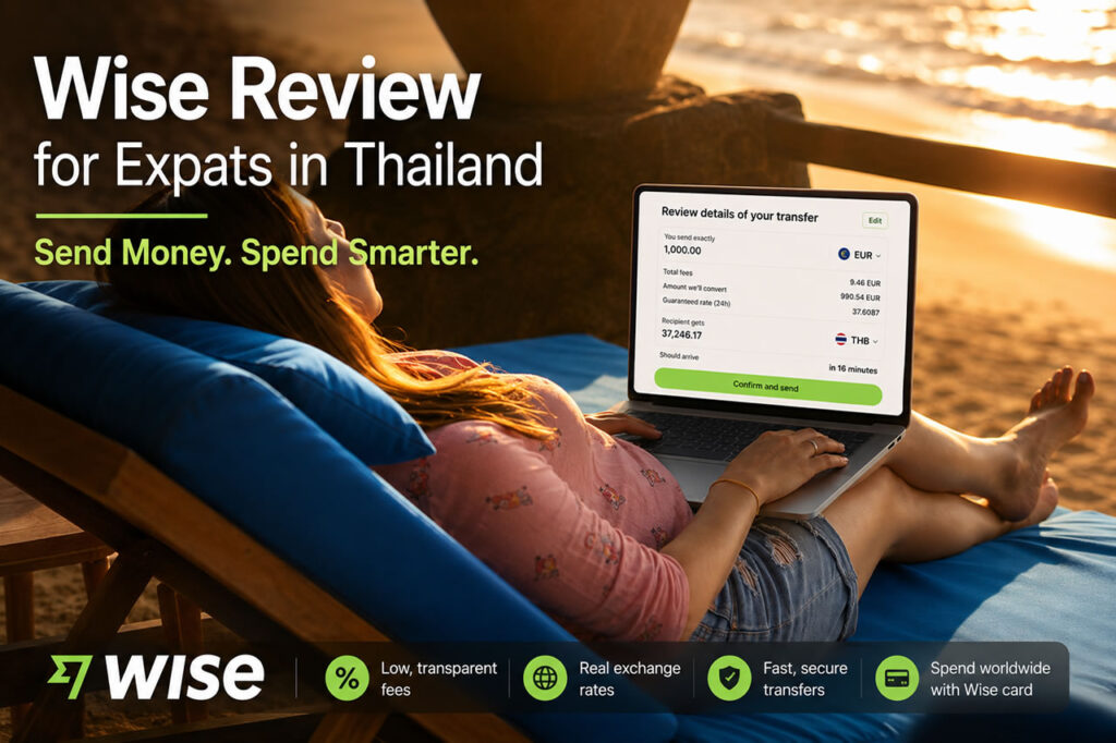 Wise review for expats in Thailand showing an international money transfer on a laptop by the beach.