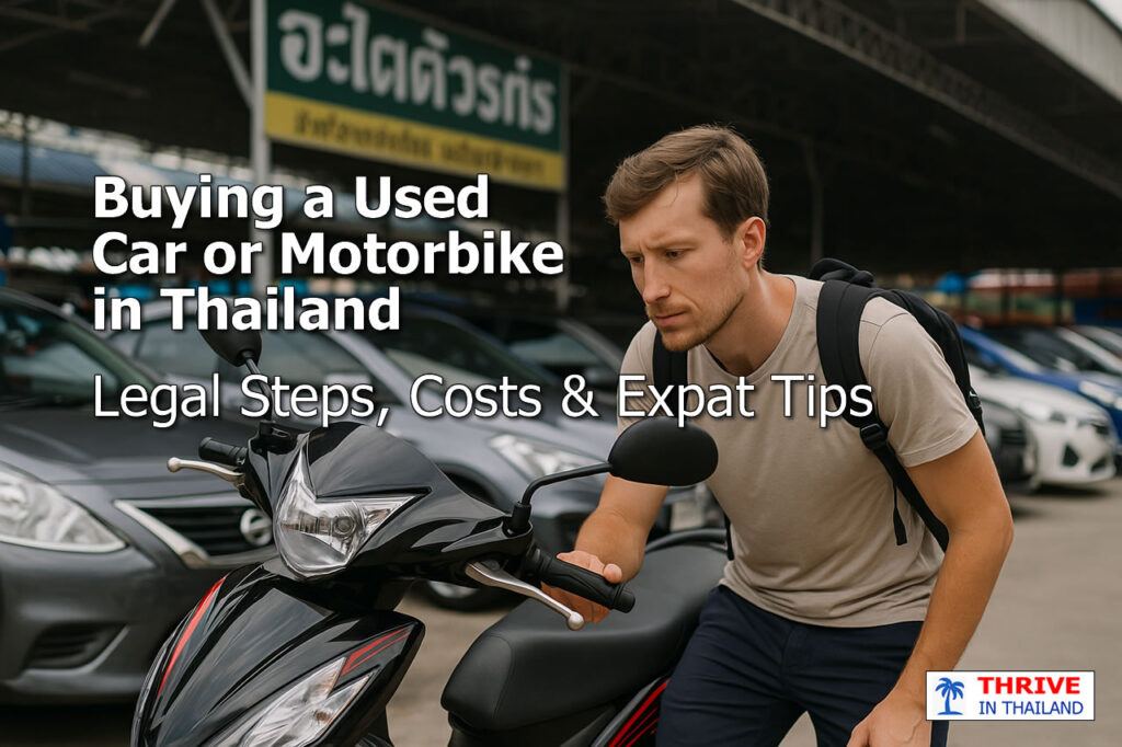 A foreign man inspects a motorbike at a used vehicle dealership in Thailand, with parked cars and Thai signage in the background. Text overlay reads: Buying a Used Car or Motorbike in Thailand – Legal Steps, Costs & Expat Tips.
