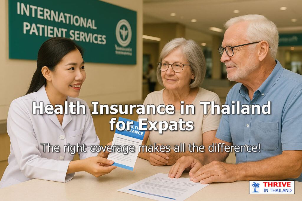Thai hospital staff assisting Western expat couple at International Patient Services desk with health insurance forms