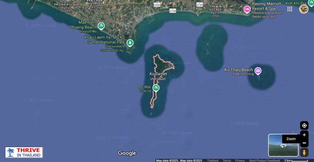 Satellite map view of Koh Samet and surrounding area, including Ao Wai and Ban Phe Pier on the mainland