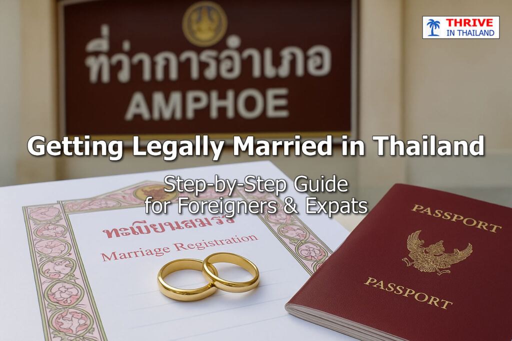 Gold wedding rings on a Thai marriage registration certificate with a Western passport in front of an Amphur district office sign in Thailand