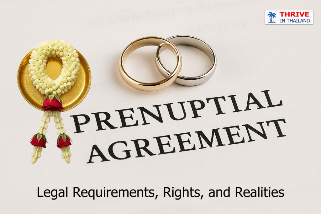 Two wedding rings rest on a prenuptial agreement document, with a Thai floral garland and the Thrive in Thailand logo—symbolizing cross-cultural marriage and legal preparation.