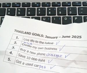 Crumpled goal list with funny edits like 'car' changed to 'carpet' and 'phone' to 'charger'.