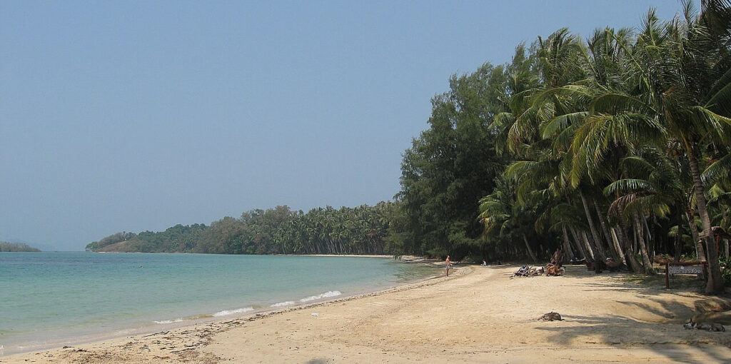 Shaded beach lined with palm trees on Koh Mak, Thailand, with turquoise water and a few people relaxing on the sand