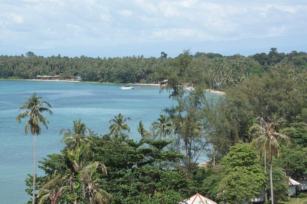 Aerial view of Koh Mak island, Thailand, showing turquoise bay, palm trees, and anchored speedboats along a quiet tropical coastline