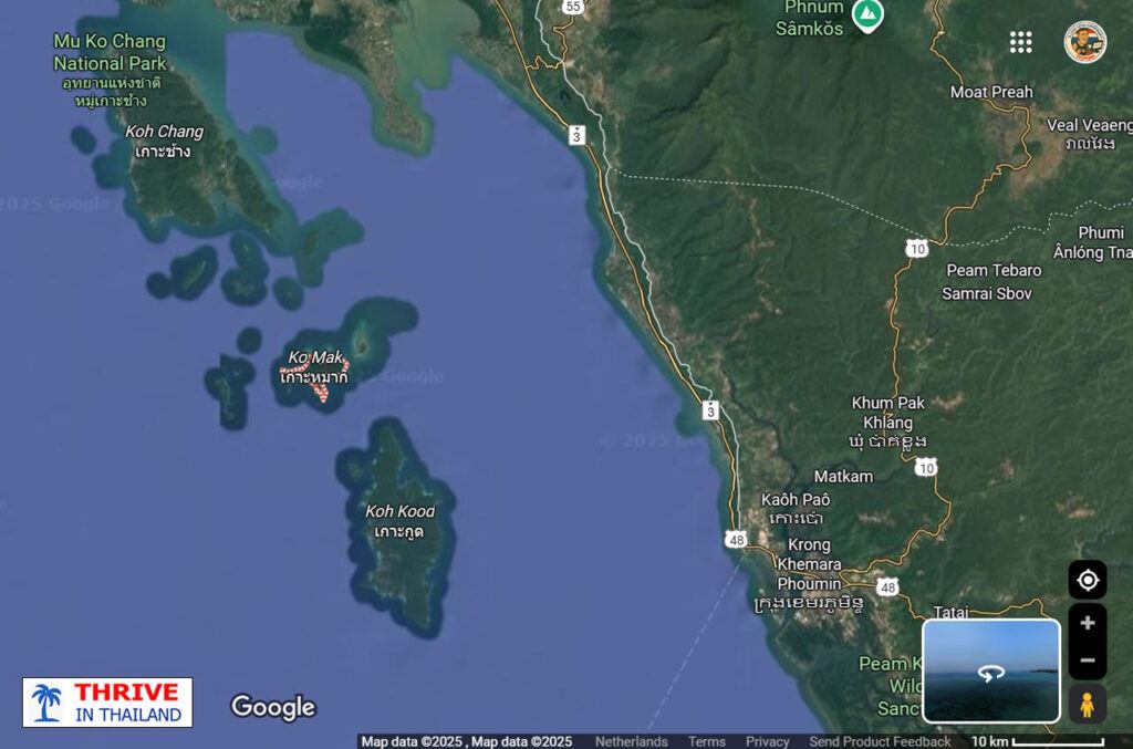 Map showing Koh Makâs location between Koh Chang and Koh Kood in Trat Province, eastern Gulf of Thailand