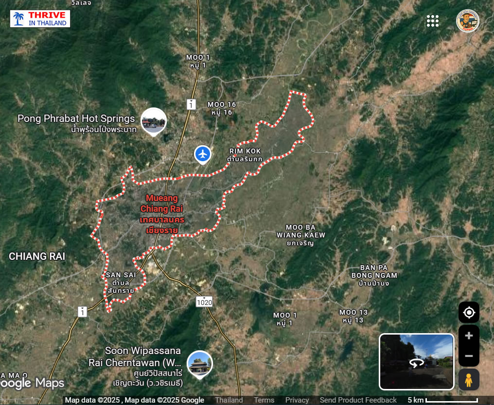 Map of Chiang Rai city and surrounding area in northern Thailand, highlighting key landmarks and the Golden Triangle region