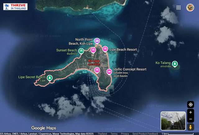 Map of Koh Lipe showing main beaches, resorts, and nearby islands in Satun Province, Thailand