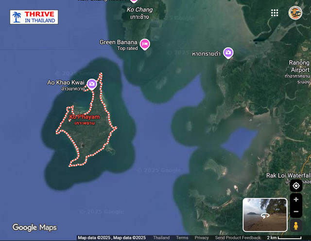 Map of Koh Phayam island in Ranong Province, showing Ao Kao Kwai, nearby Koh Chang (Ranong), and Ranong town — Thrive in Thailand guide
