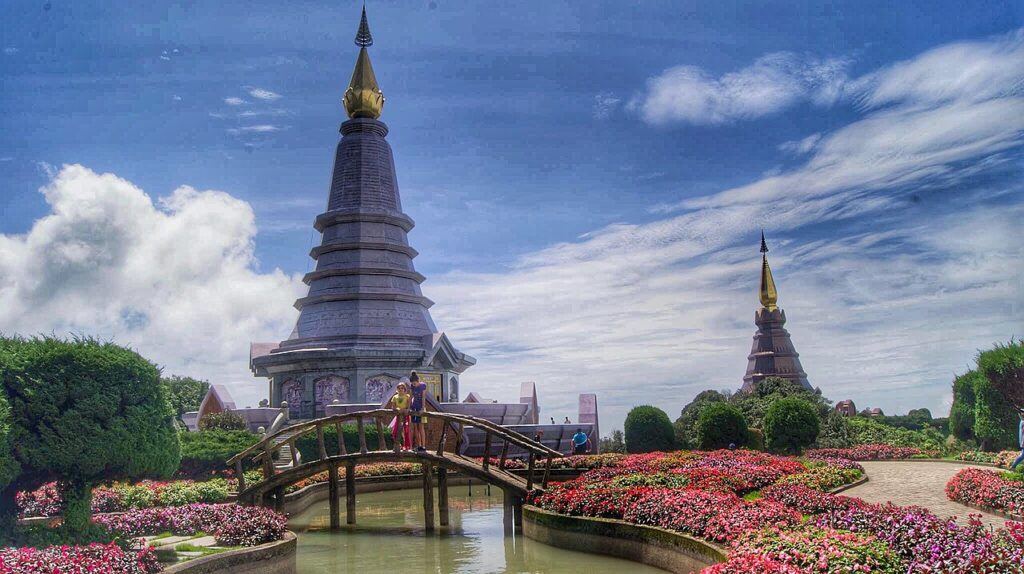 The Twin Royal Pagodas surrounded by colorful flower gardens at Doi Inthanon National Park, Chiang Mai, Thailand