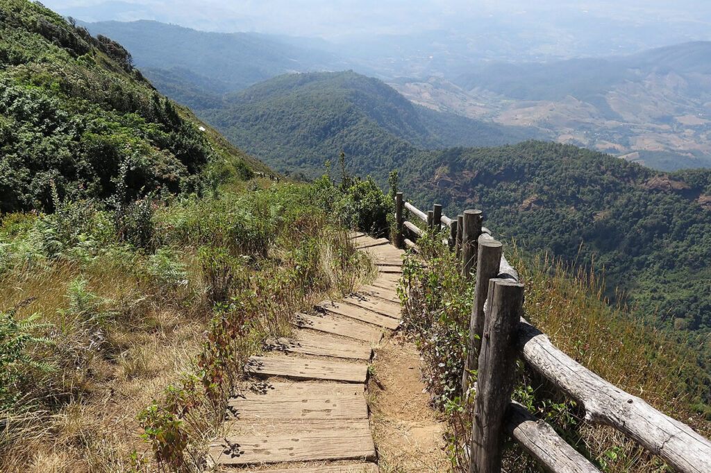 Wooden steps along Kew Mae Pan Nature Trail in Doi Inthanon National Park with mountain views